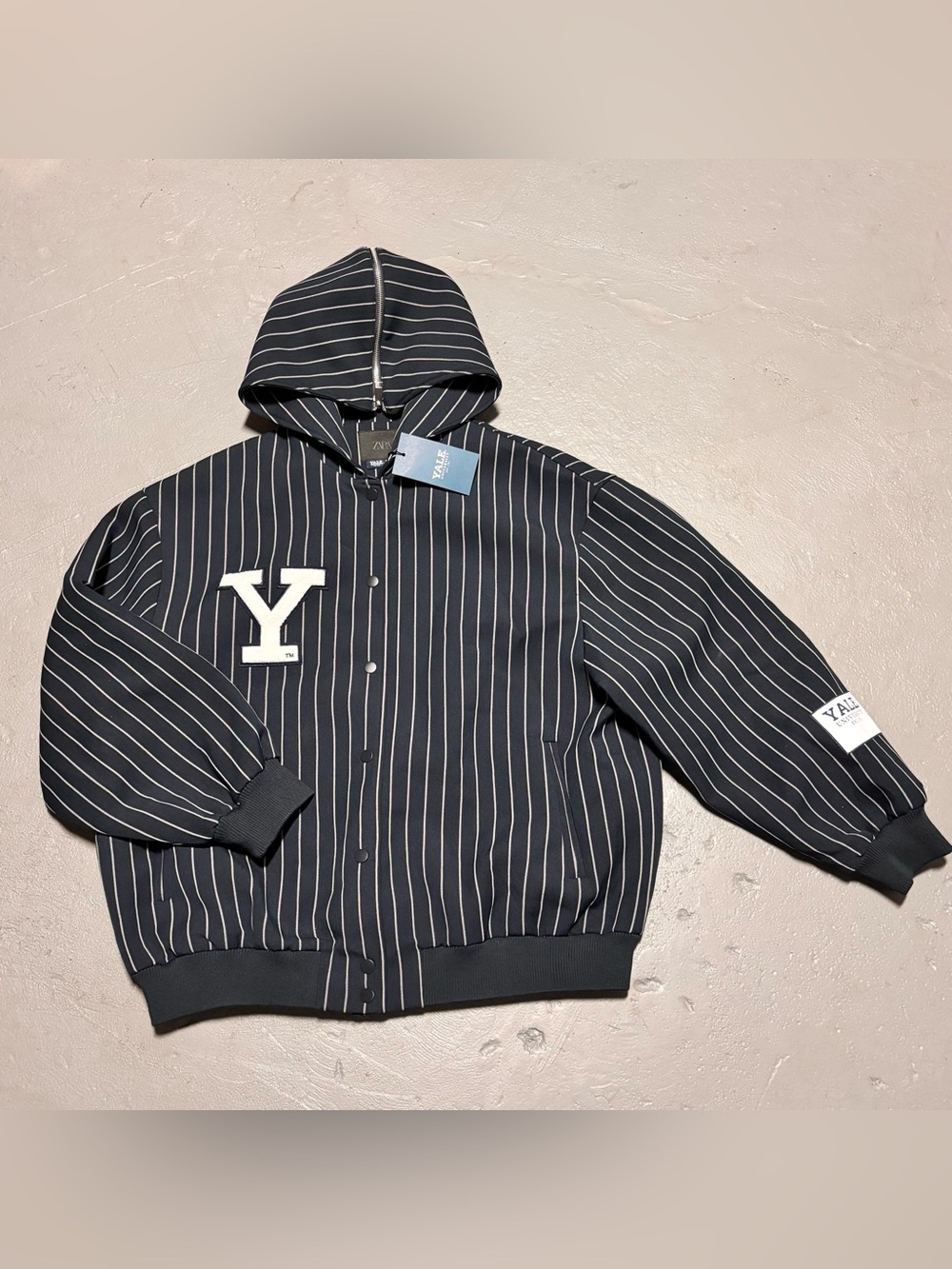Zara Yale University Collaborative Pin Stripe Navy Blue Bomber Varsity Jacket Wo